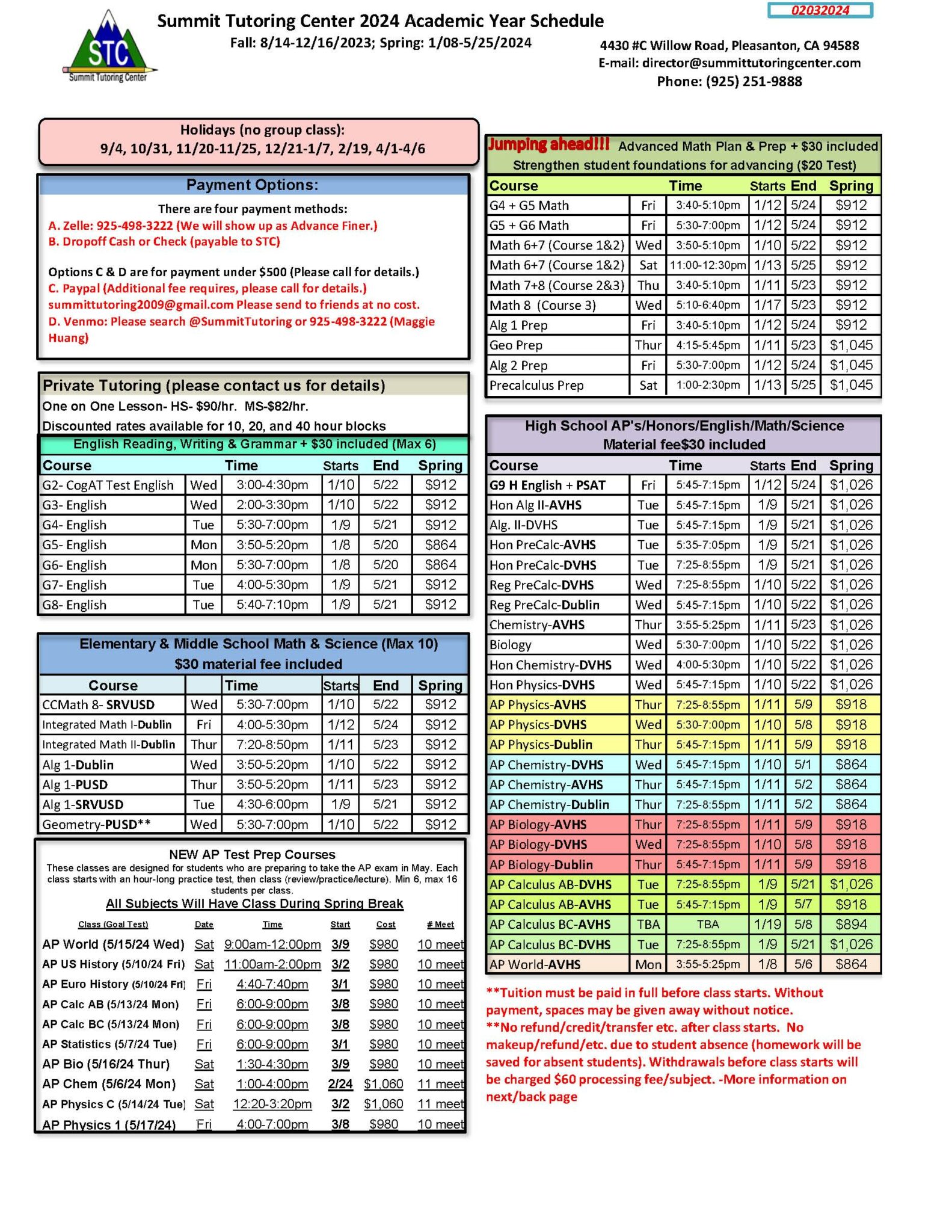 Spring 2024 Schedule Summit Tutoring Center